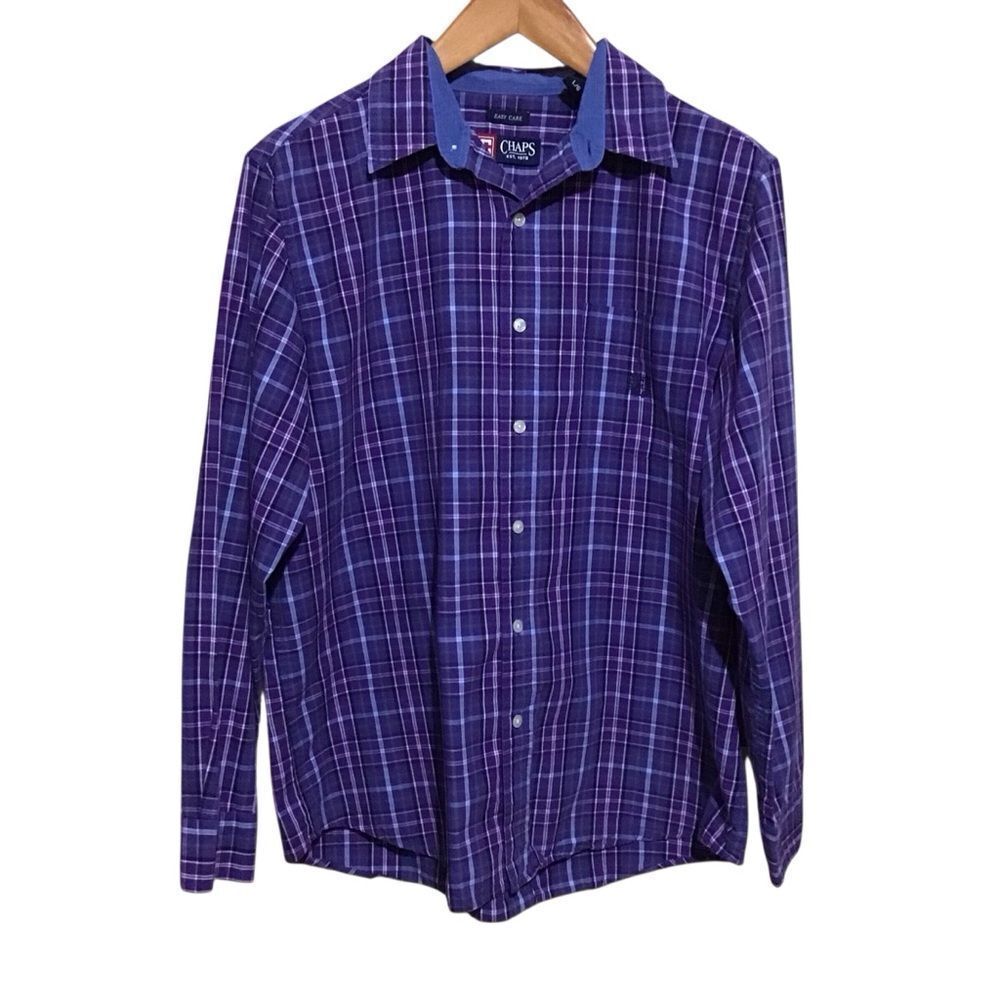 CHAPS Easy Care Purple Plaid Button Up Shirt L